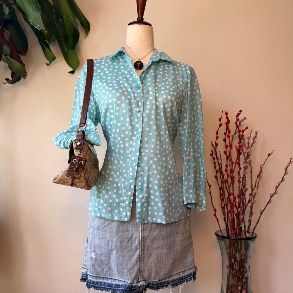 y2k Teal Aqua Blue Polka Dot 3/4 Sleeve blouse office tweemo Size M